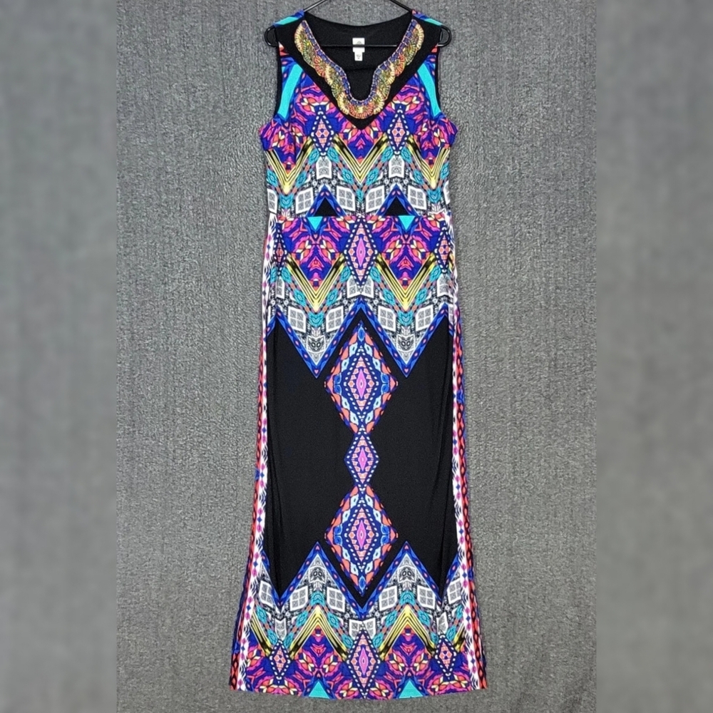 Sangria Maxi Dress Womens 16 Black Multicolor Geometric Sleeveless Beaded V Neck